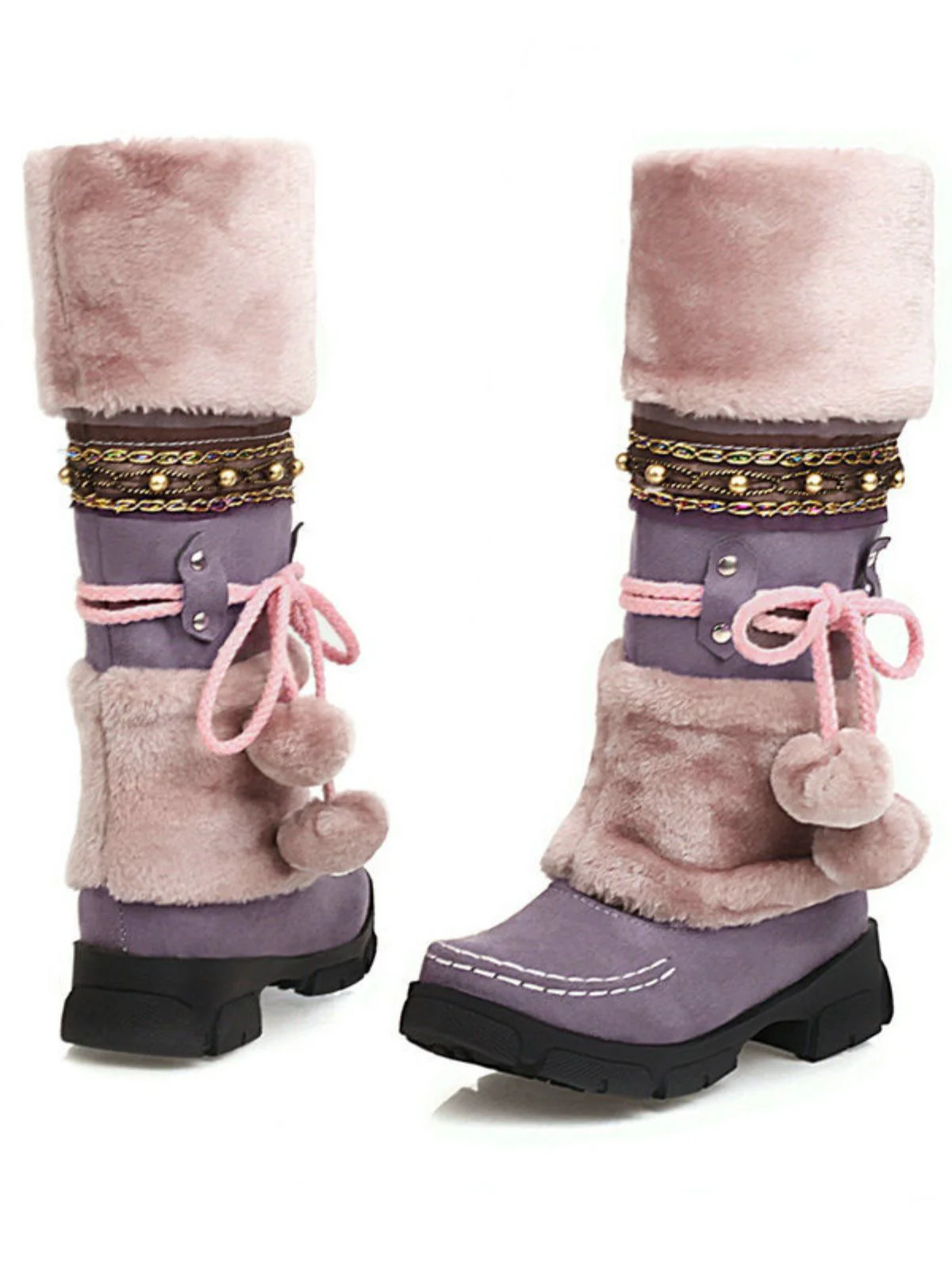 Vintage Faux Fur Pom-Pom Winter Snow Boots - Image 12