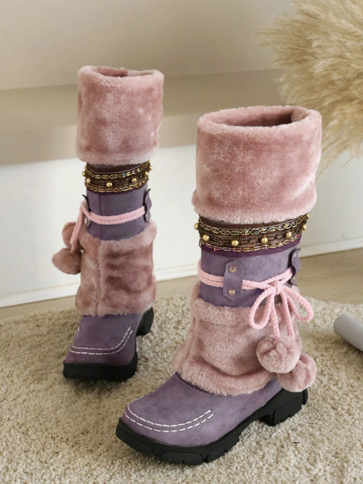 Vintage Faux Fur Pom-Pom Winter Snow Boots - Image 13