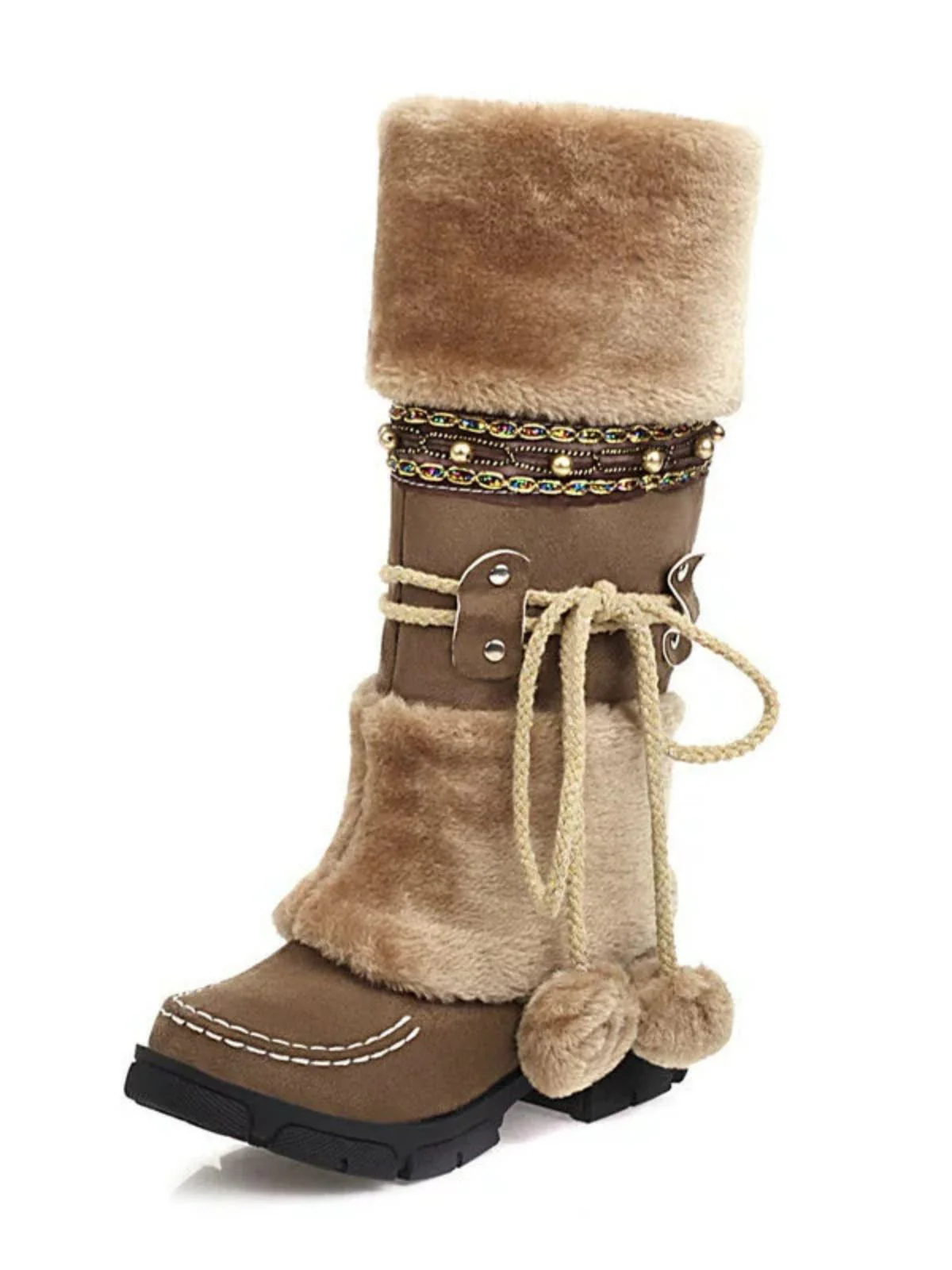 Vintage Faux Fur Pom-Pom Winter Snow Boots - Image 2
