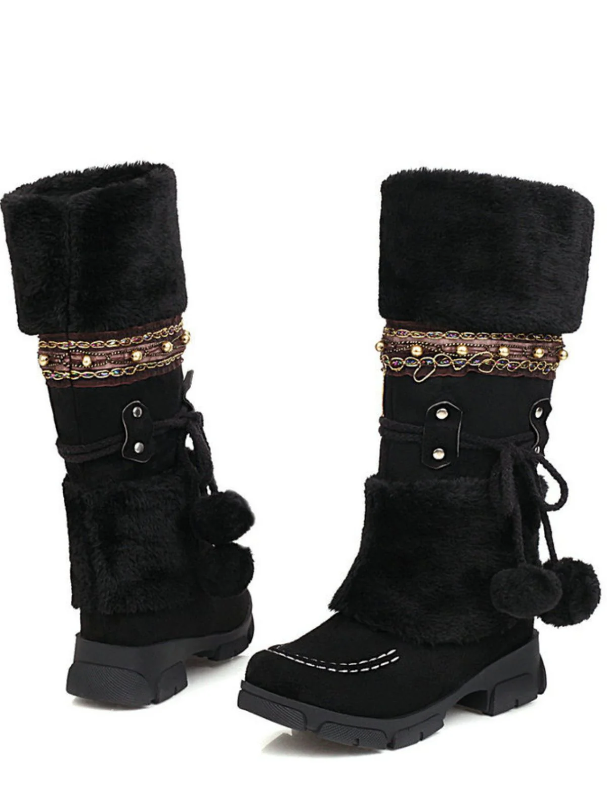 Vintage Faux Fur Pom-Pom Winter Snow Boots - Image 7