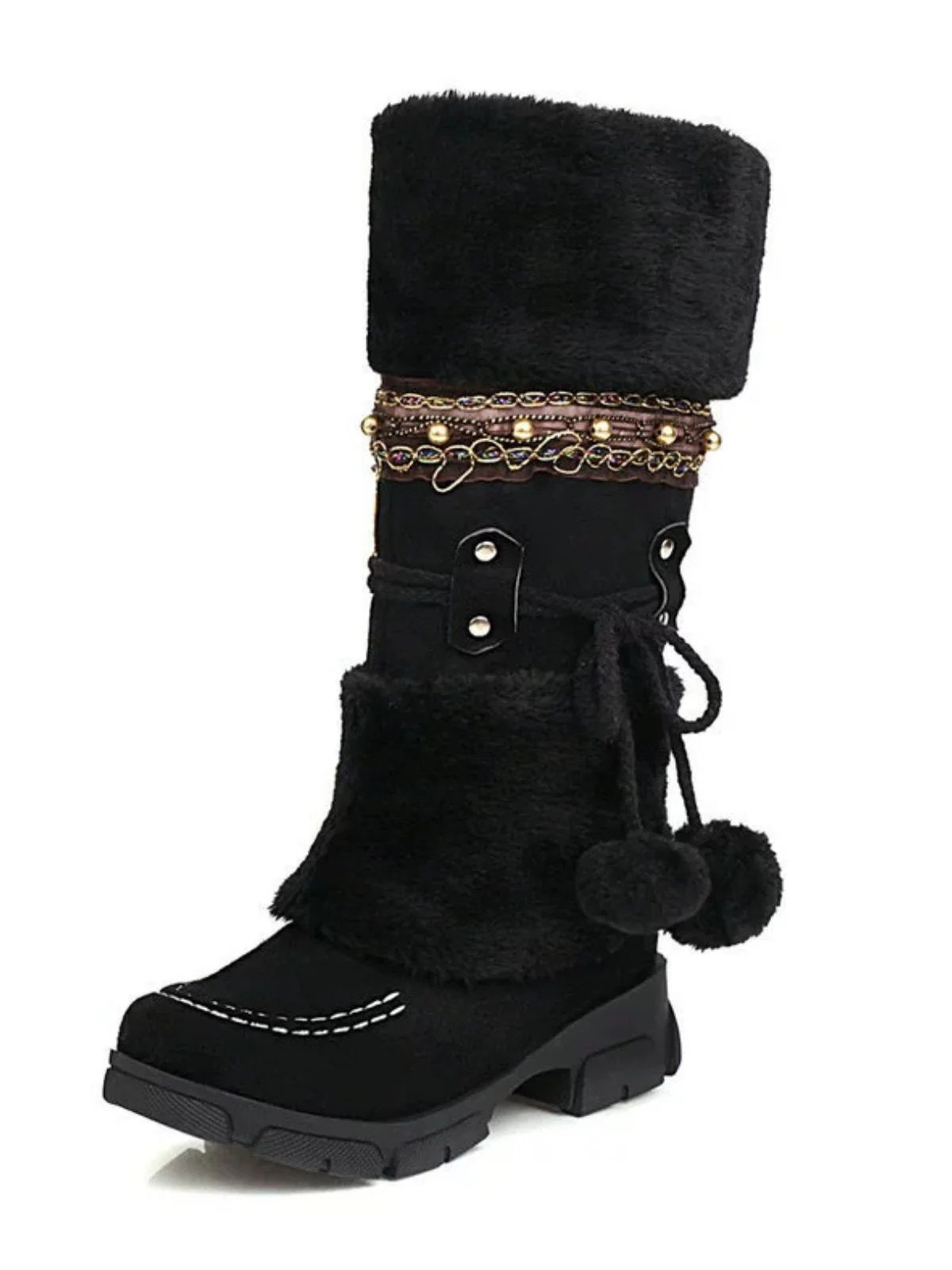 Vintage Faux Fur Pom-Pom Winter Snow Boots - Image 8