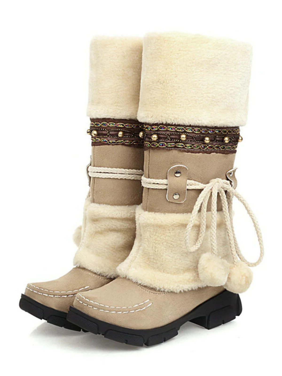 Vintage Faux Fur Pom-Pom Winter Snow Boots - Image 9
