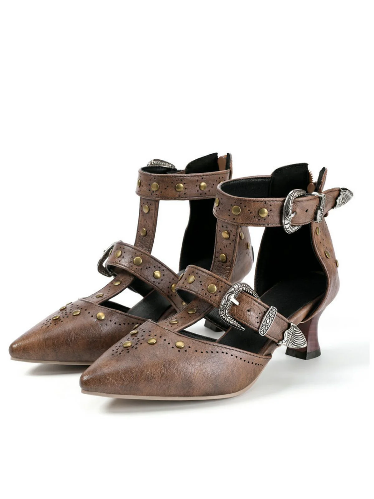 Vintage Faux Leather Pointed Toe Studded Sandals - Image 7