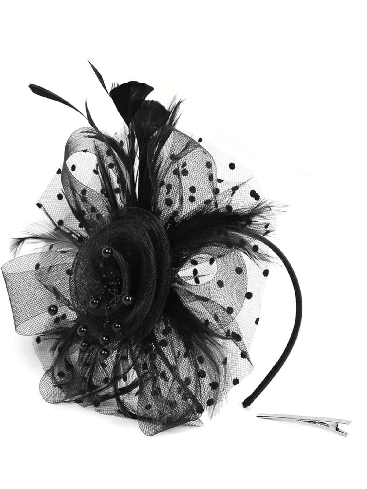 Vintage Feather Polka Dots Mesh Bead Headpiece - Image 2