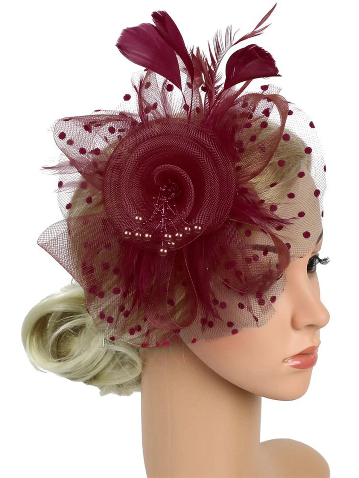 Vintage Feather Polka Dots Mesh Bead Headpiece - Image 5