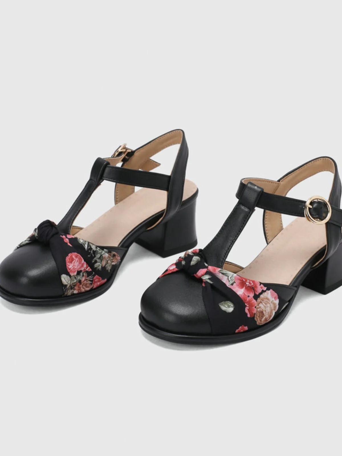 Vintage Floral Bow Round Toe T-Strap Mary Jane Sandals - Image 3