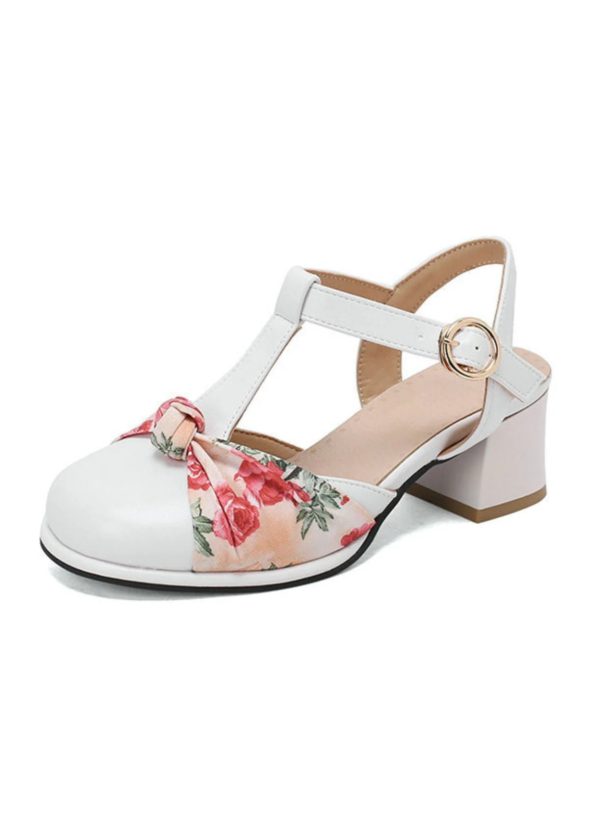 Vintage Floral Bow Round Toe T-Strap Mary Jane Sandals - Image 6