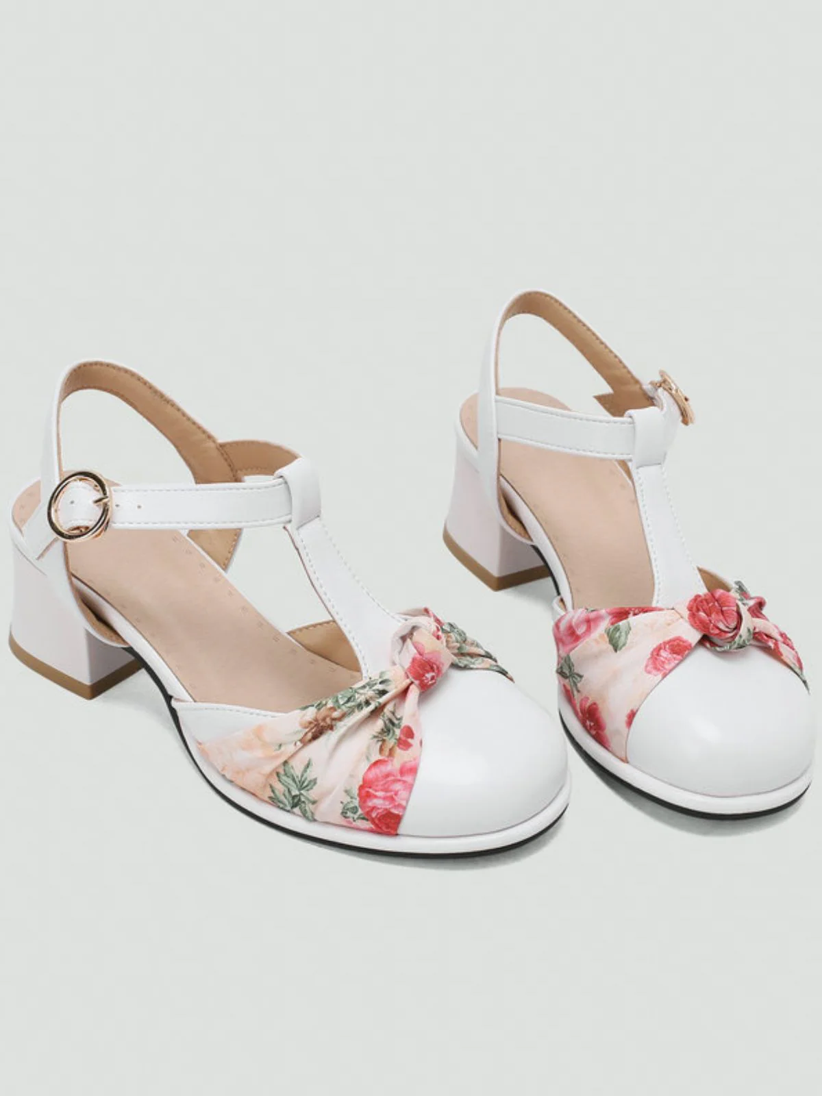 Vintage Floral Bow Round Toe T-Strap Mary Jane Sandals - Image 8