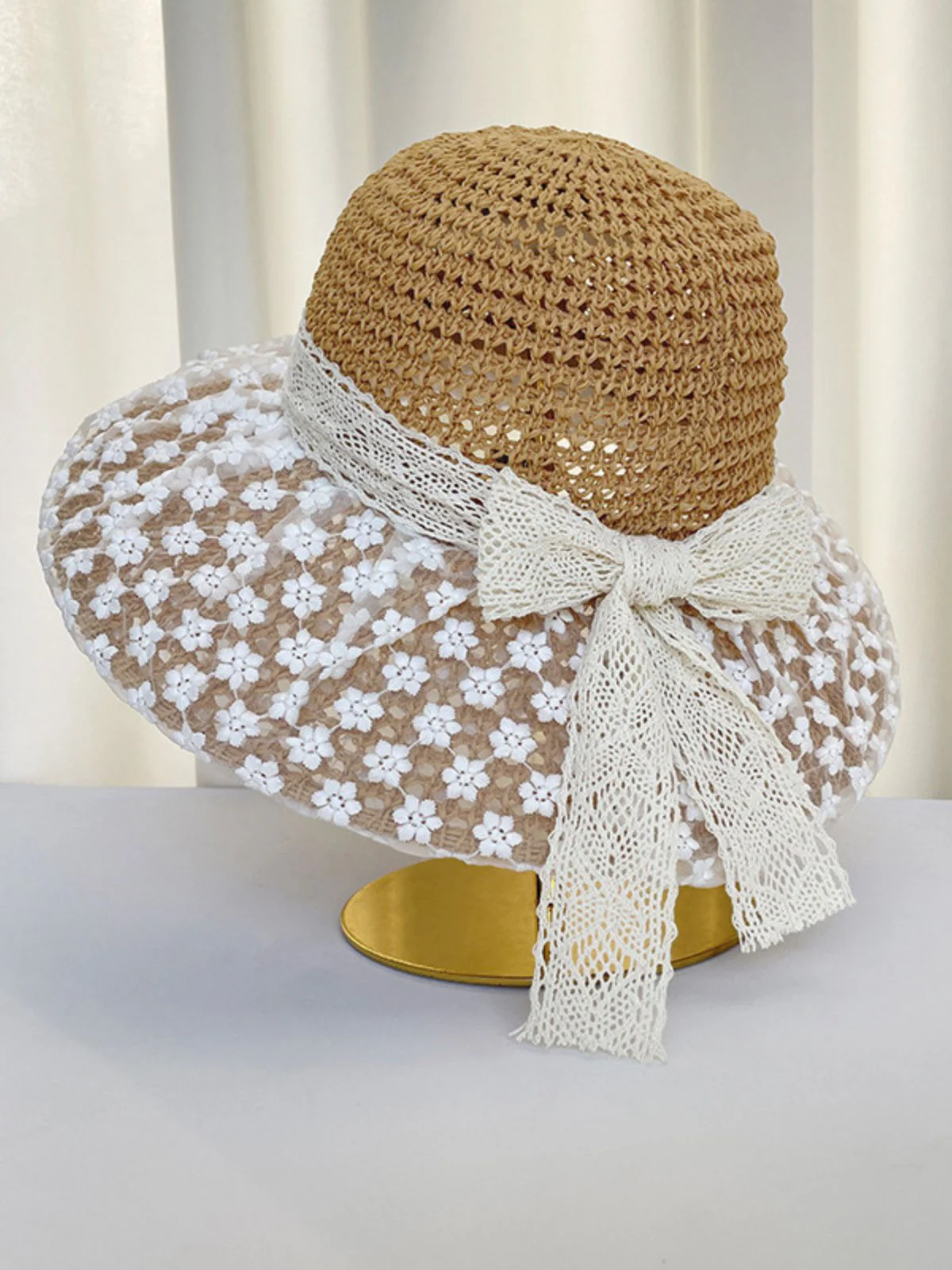 Vintage Floral Lace Tie Crocheted Straw Hat - Image 2