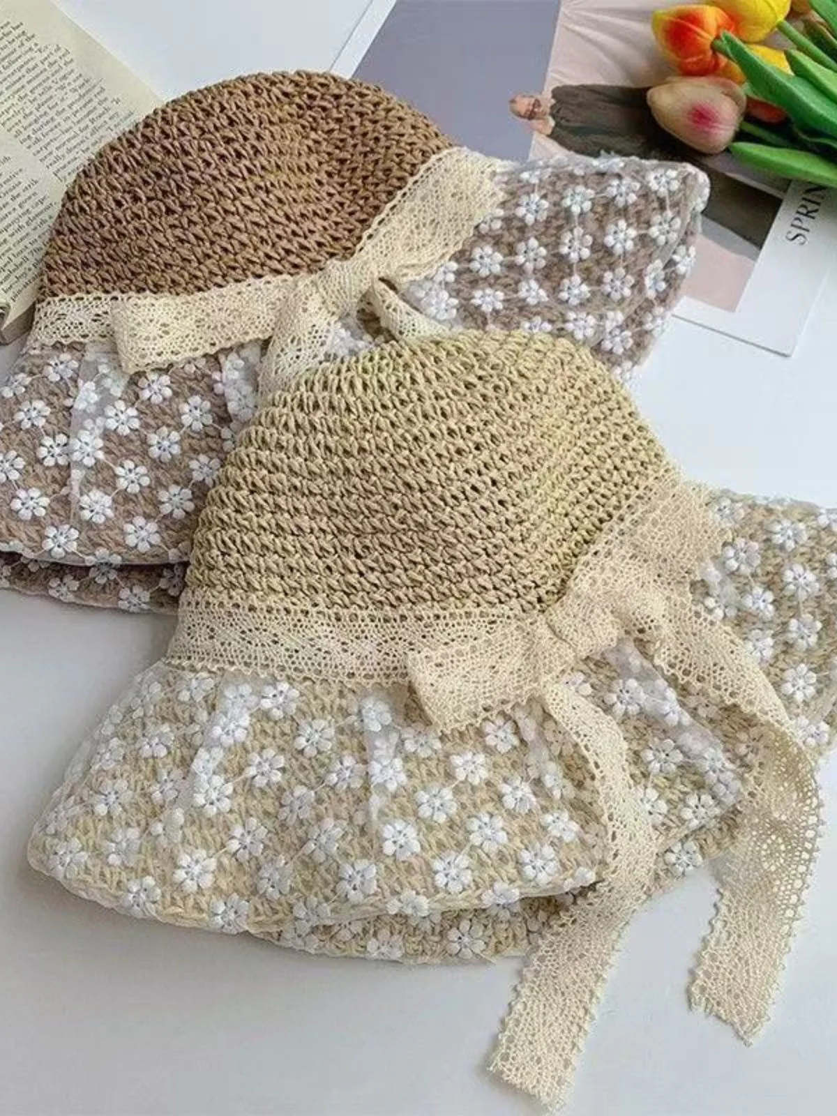 Vintage Floral Lace Tie Crocheted Straw Hat - Image 3