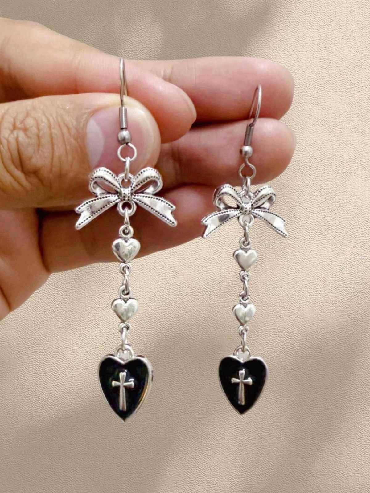 Vintage Gothic Cross Heart Bowknot Dangle Earrings - Image 2