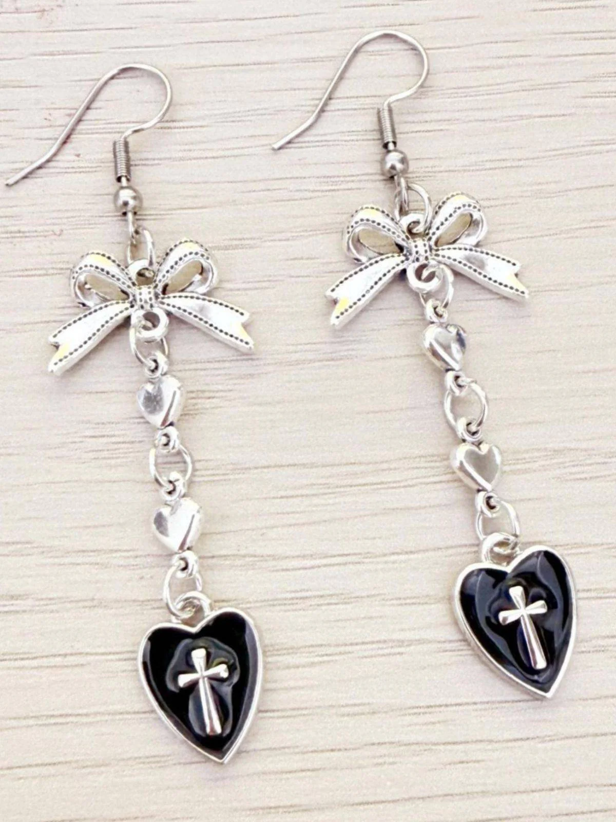 Vintage Gothic Cross Heart Bowknot Dangle Earrings - Image 3