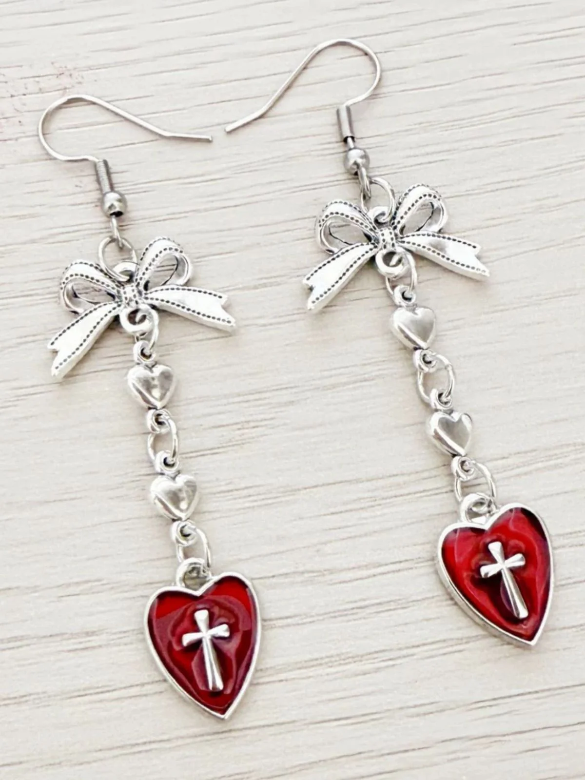 Vintage Gothic Cross Heart Bowknot Dangle Earrings - Image 4