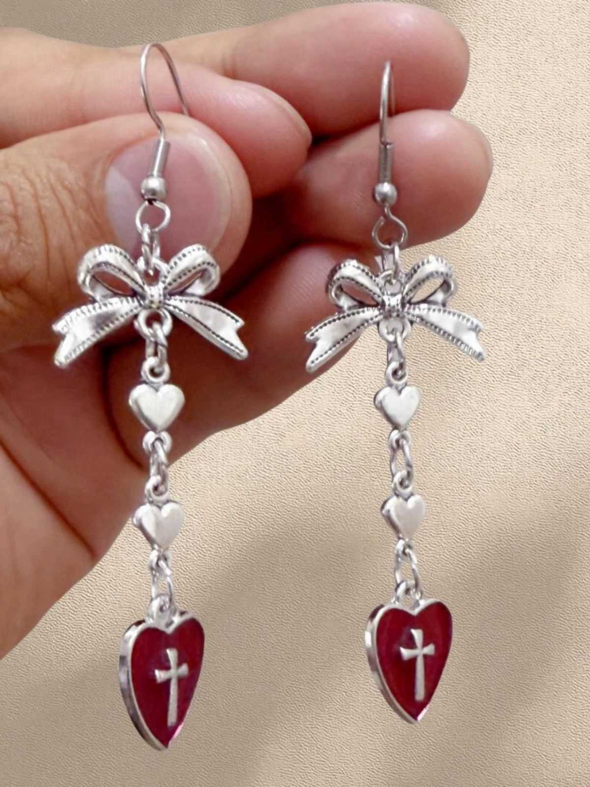 Vintage Gothic Cross Heart Bowknot Dangle Earrings - Image 5