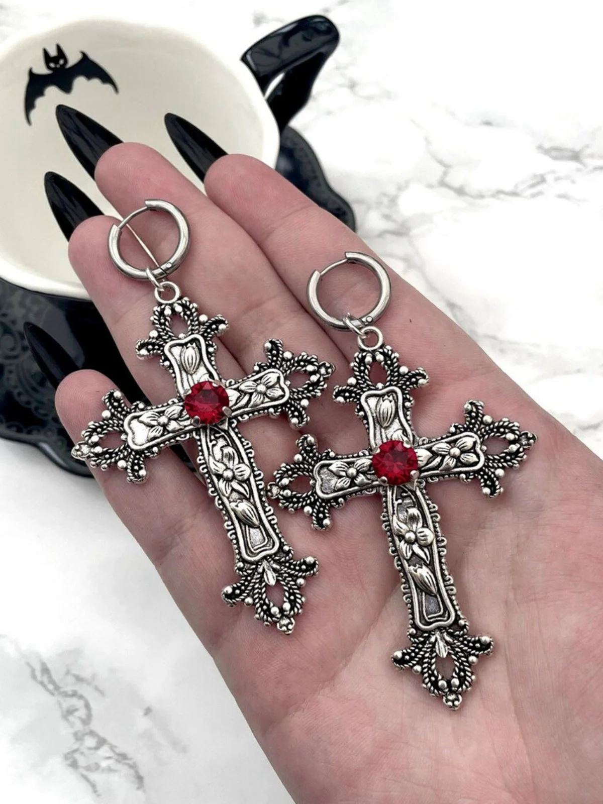 Vintage Halloween Gothic Cross 3D Flower Gemstone Earrings - Image 2