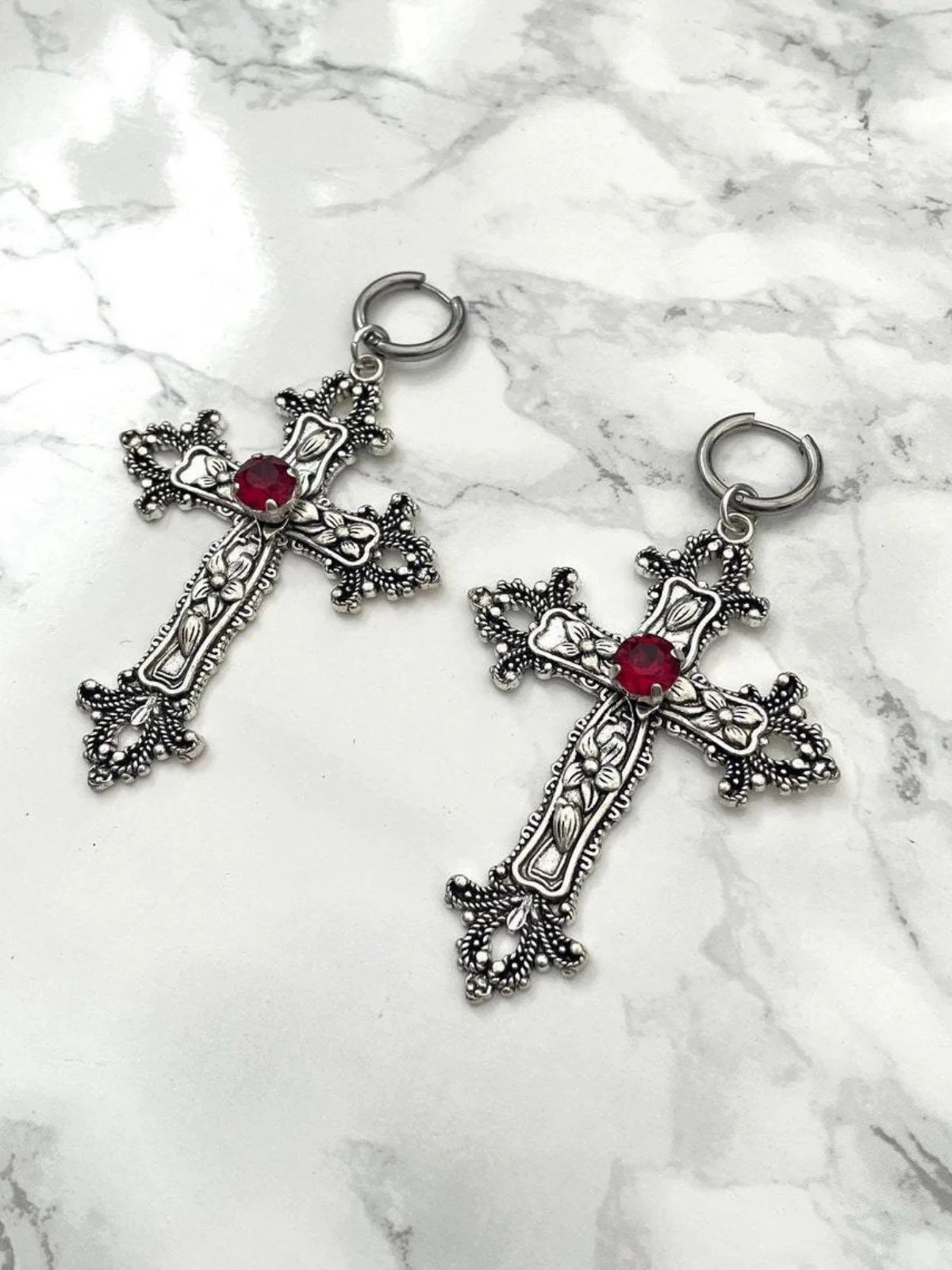 Vintage Halloween Gothic Cross 3D Flower Gemstone Earrings - Image 3