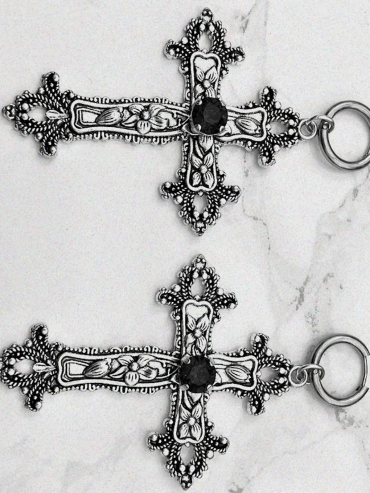 Vintage Halloween Gothic Cross 3D Flower Gemstone Earrings - Image 4