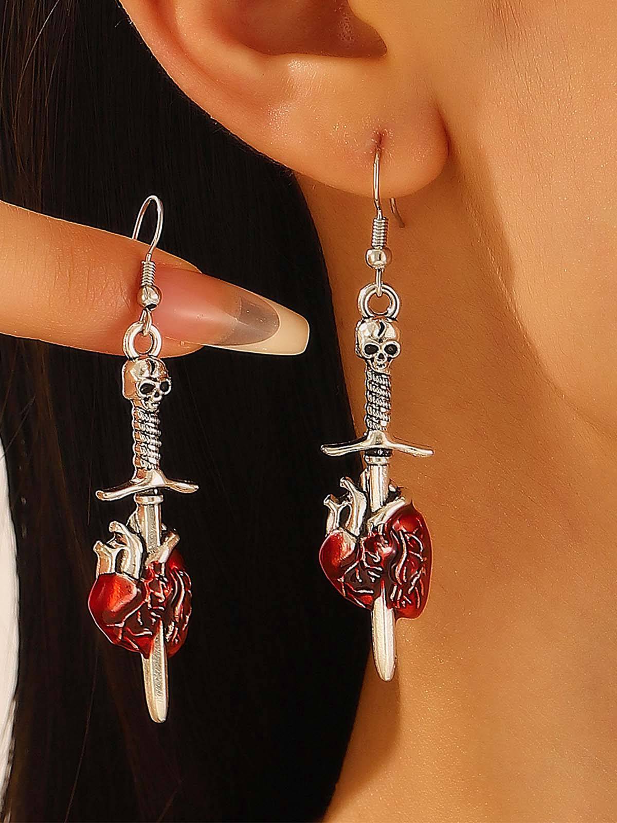 Vintage Halloween Skull Sword Heart Earrings - Image 2