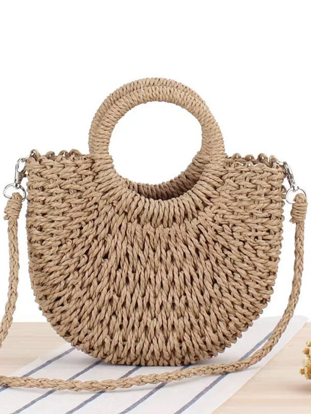 Vintage Handmade Woven Moon Shape Crossbody Beach Bag - Image 2