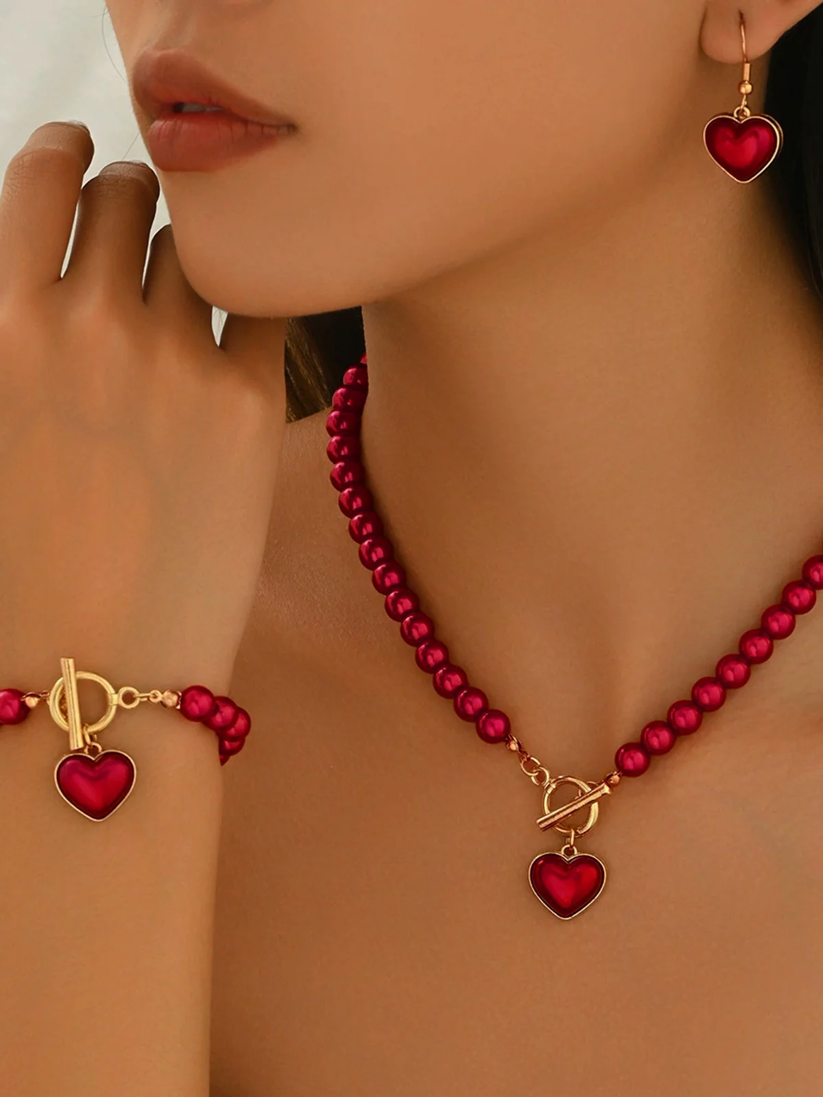 Vintage Heart Pearls Necklace & Bracelet & Earring Set - Image 2