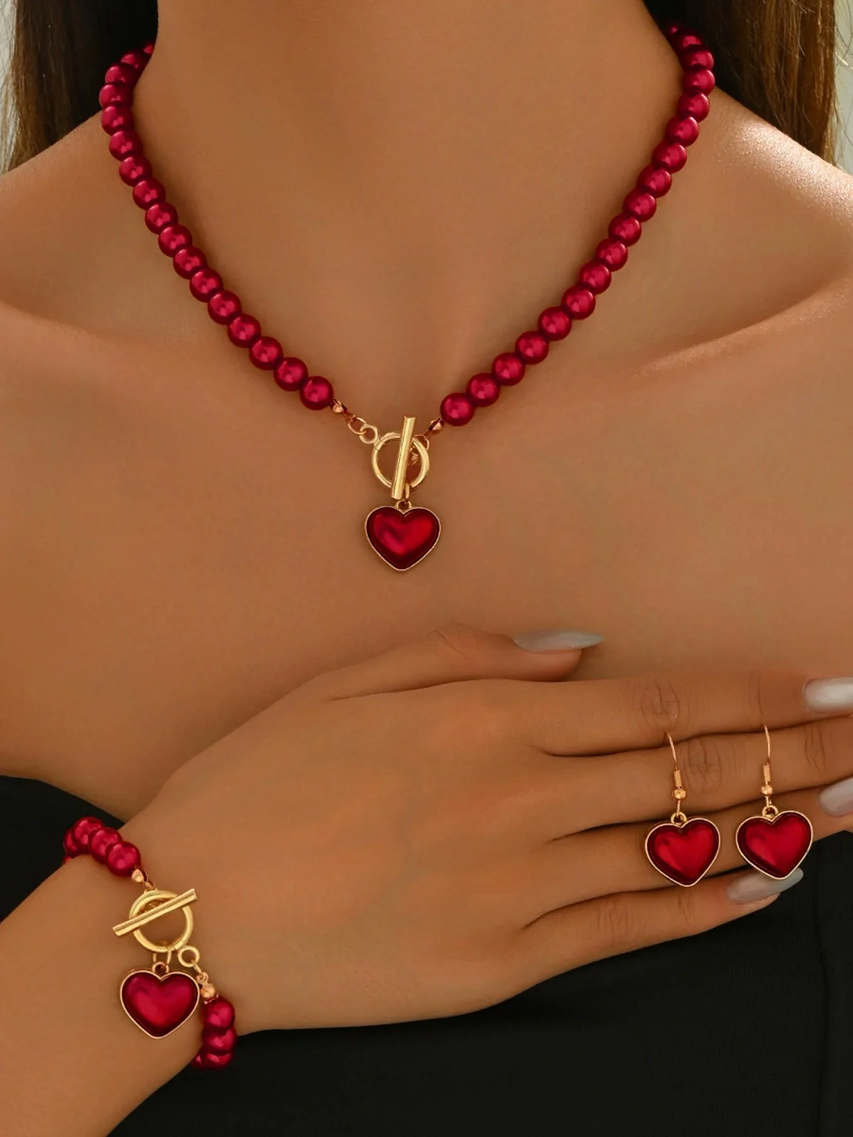 Vintage Heart Pearls Necklace & Bracelet & Earring Set - Image 3
