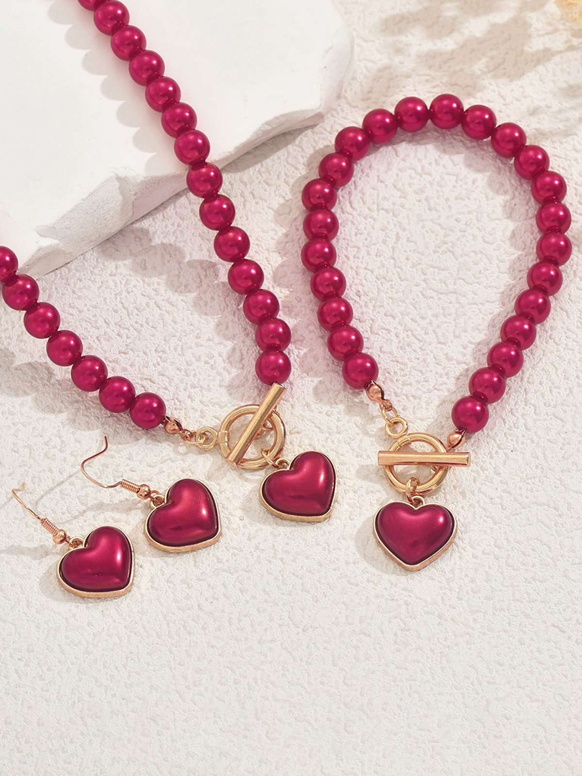 Vintage Heart Pearls Necklace & Bracelet & Earring Set - Image 4