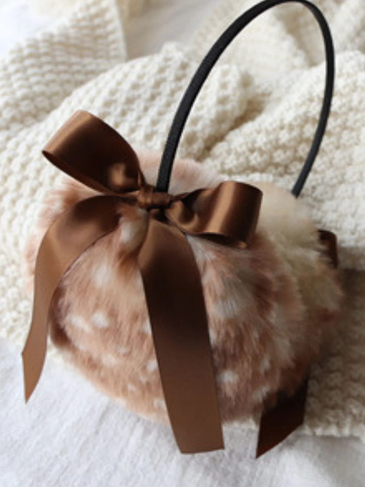 Vintage Khaki Deer Style Faux Fur Bow Earmuffs - Image 2