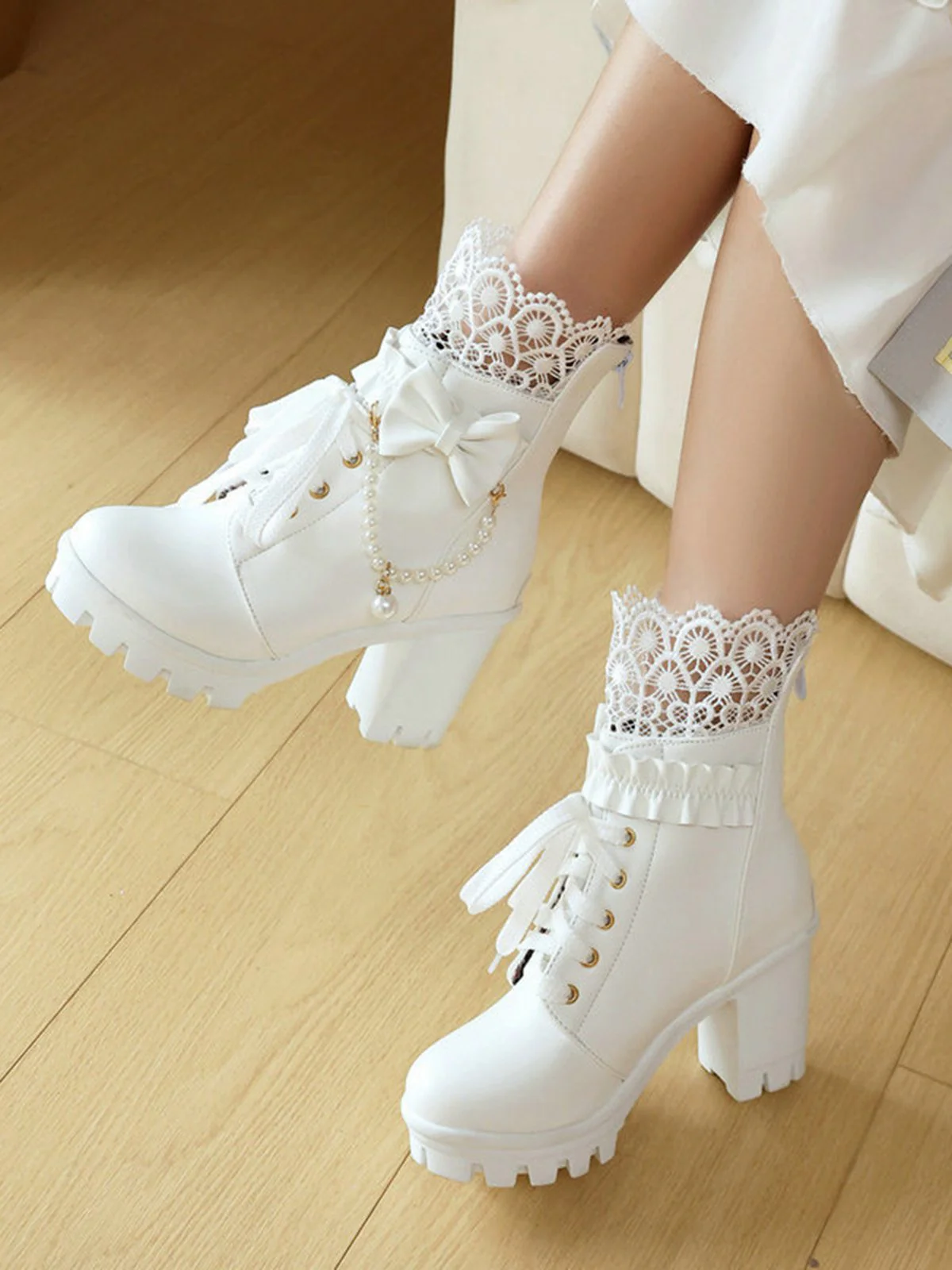 Vintage Lace Beaded Bow Chunky Heels Boots - Image 11