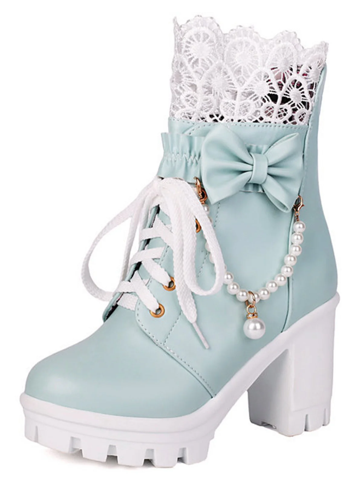 Vintage Lace Beaded Bow Chunky Heels Boots - Image 12