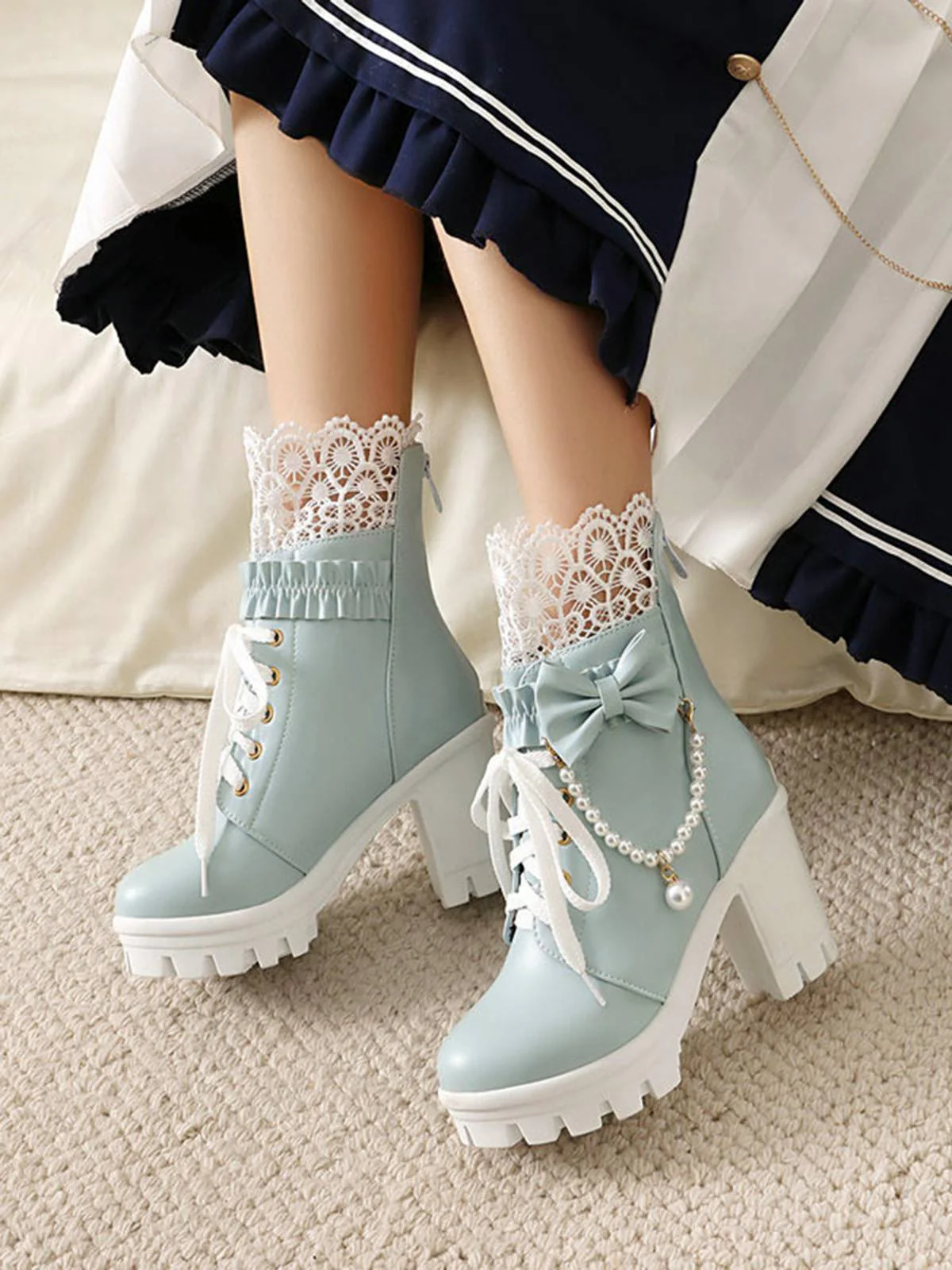 Vintage Lace Beaded Bow Chunky Heels Boots - Image 13