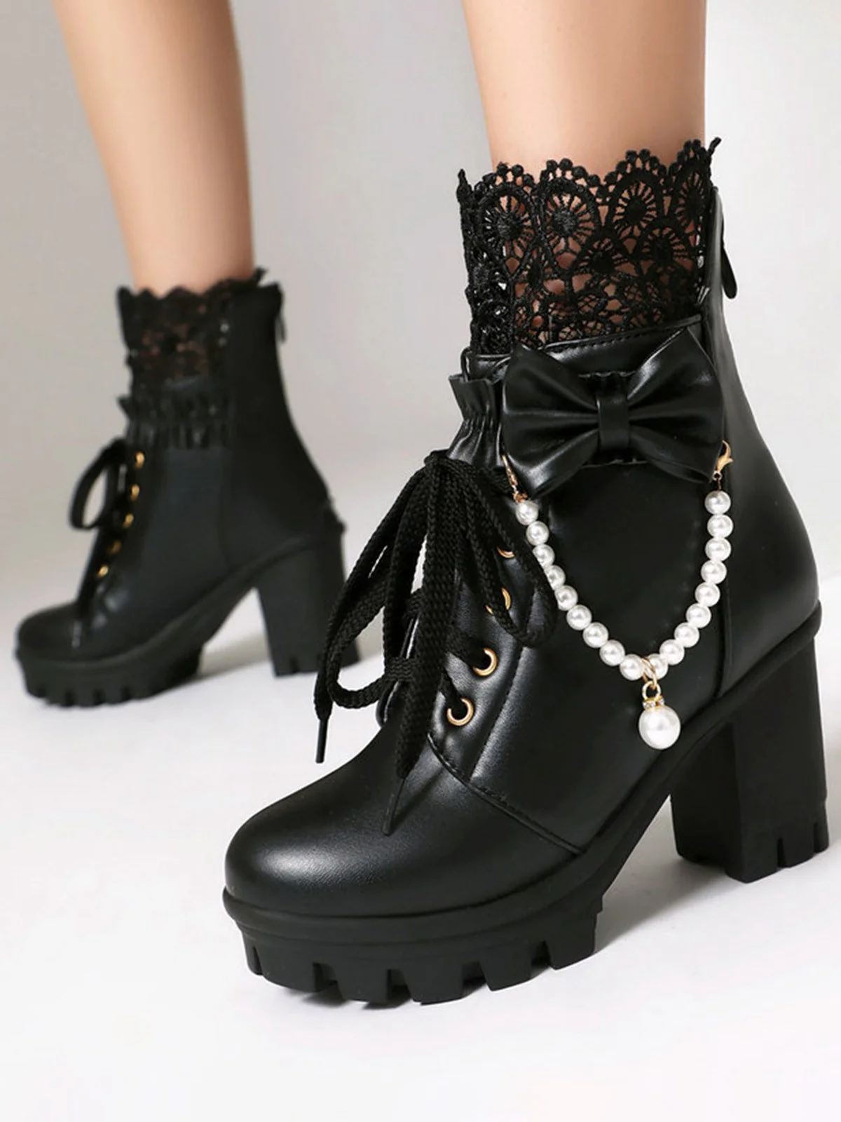 Vintage Lace Beaded Bow Chunky Heels Boots - Image 3