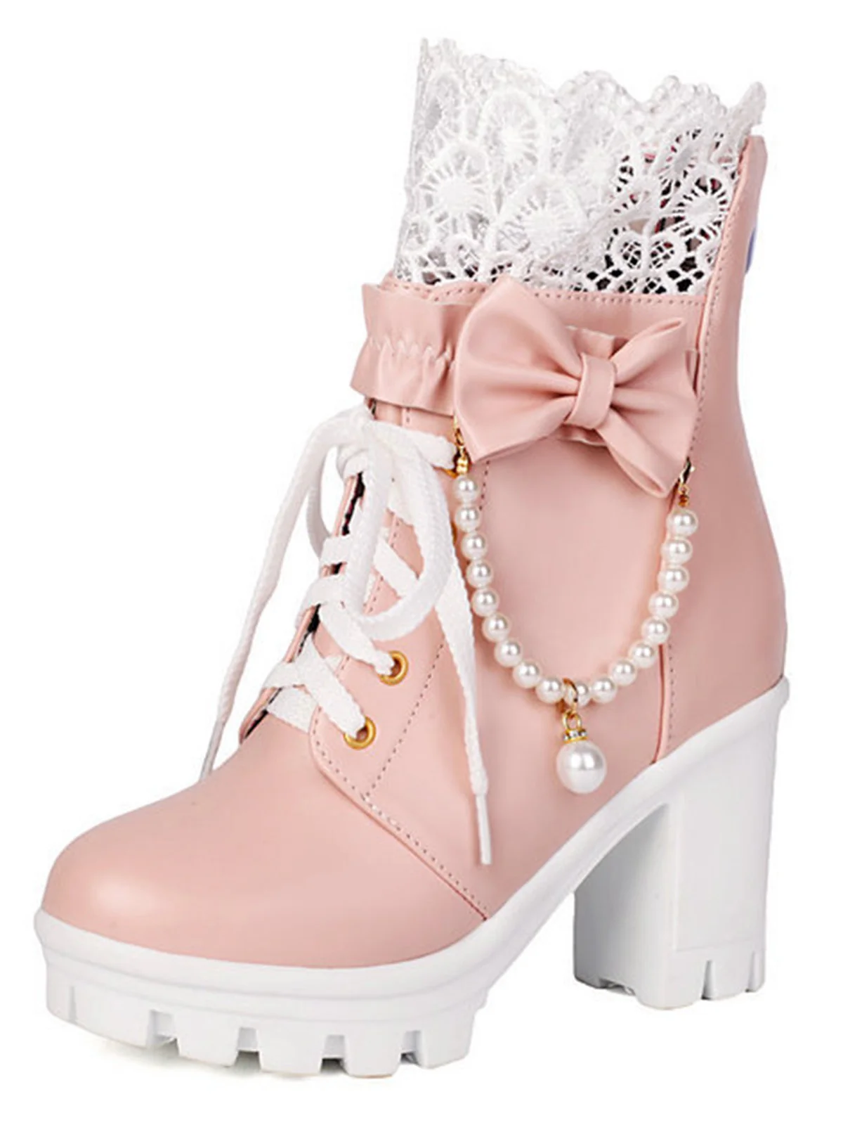 Vintage Lace Beaded Bow Chunky Heels Boots - Image 4
