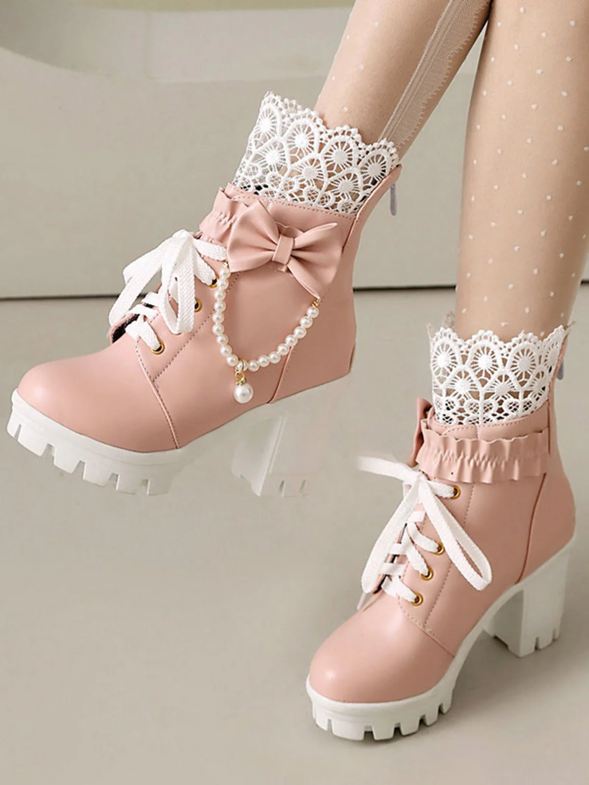 Vintage Lace Beaded Bow Chunky Heels Boots - Image 5