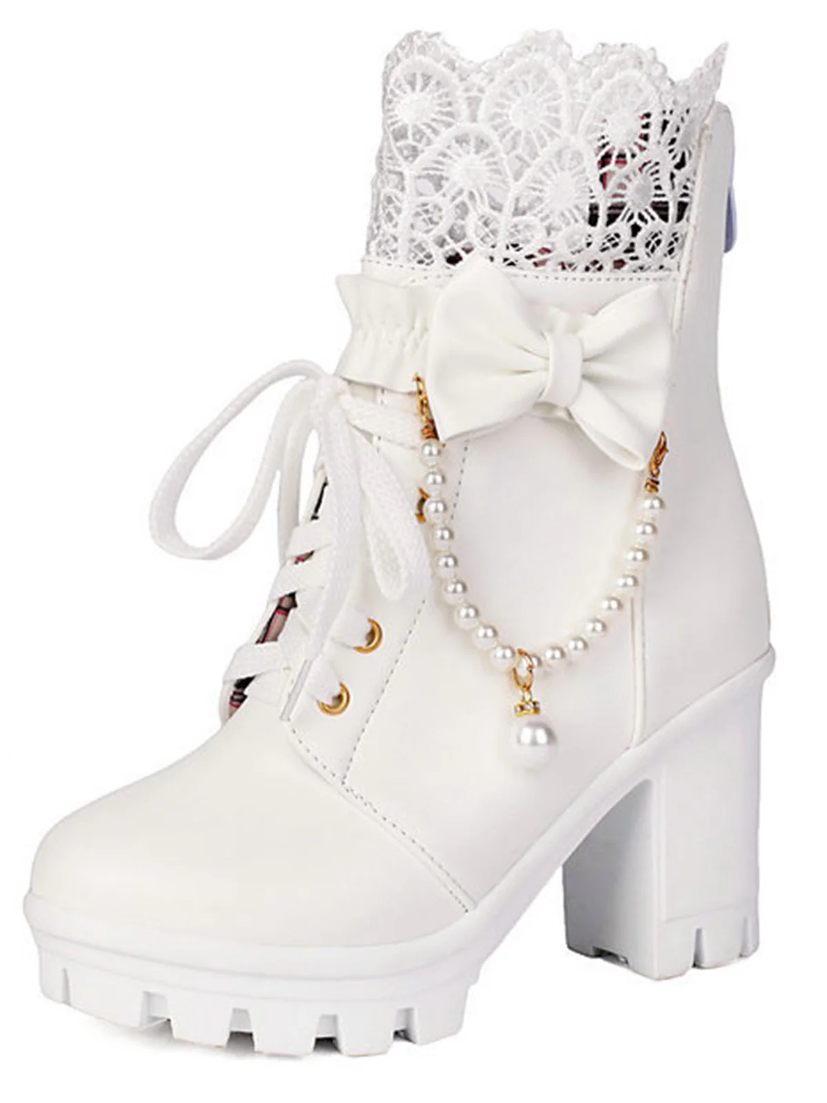 Vintage Lace Beaded Bow Chunky Heels Boots - Image 8