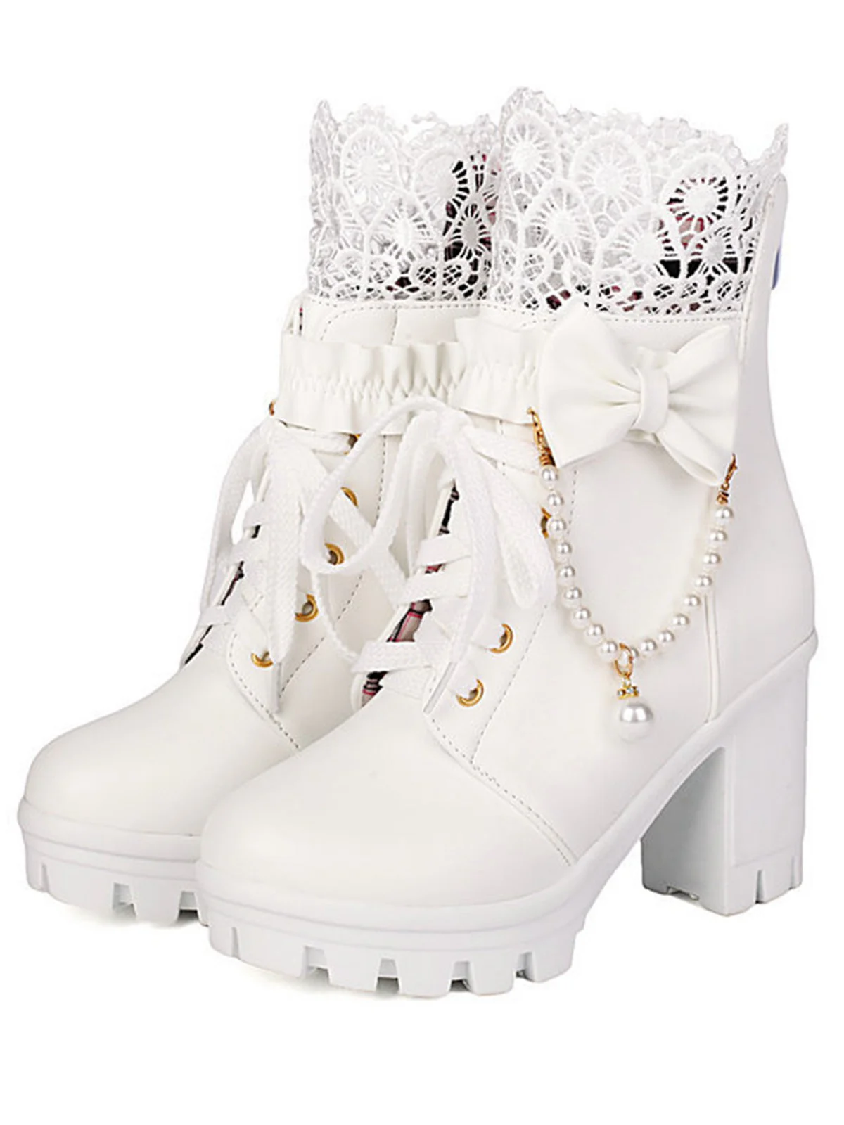Vintage Lace Beaded Bow Chunky Heels Boots - Image 9