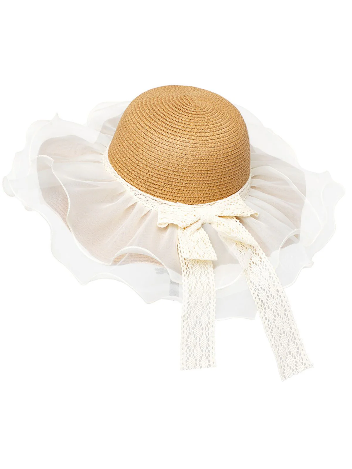 Vintage Lace Bow Sheer Ruffle Brim Sun Hat - Image 3