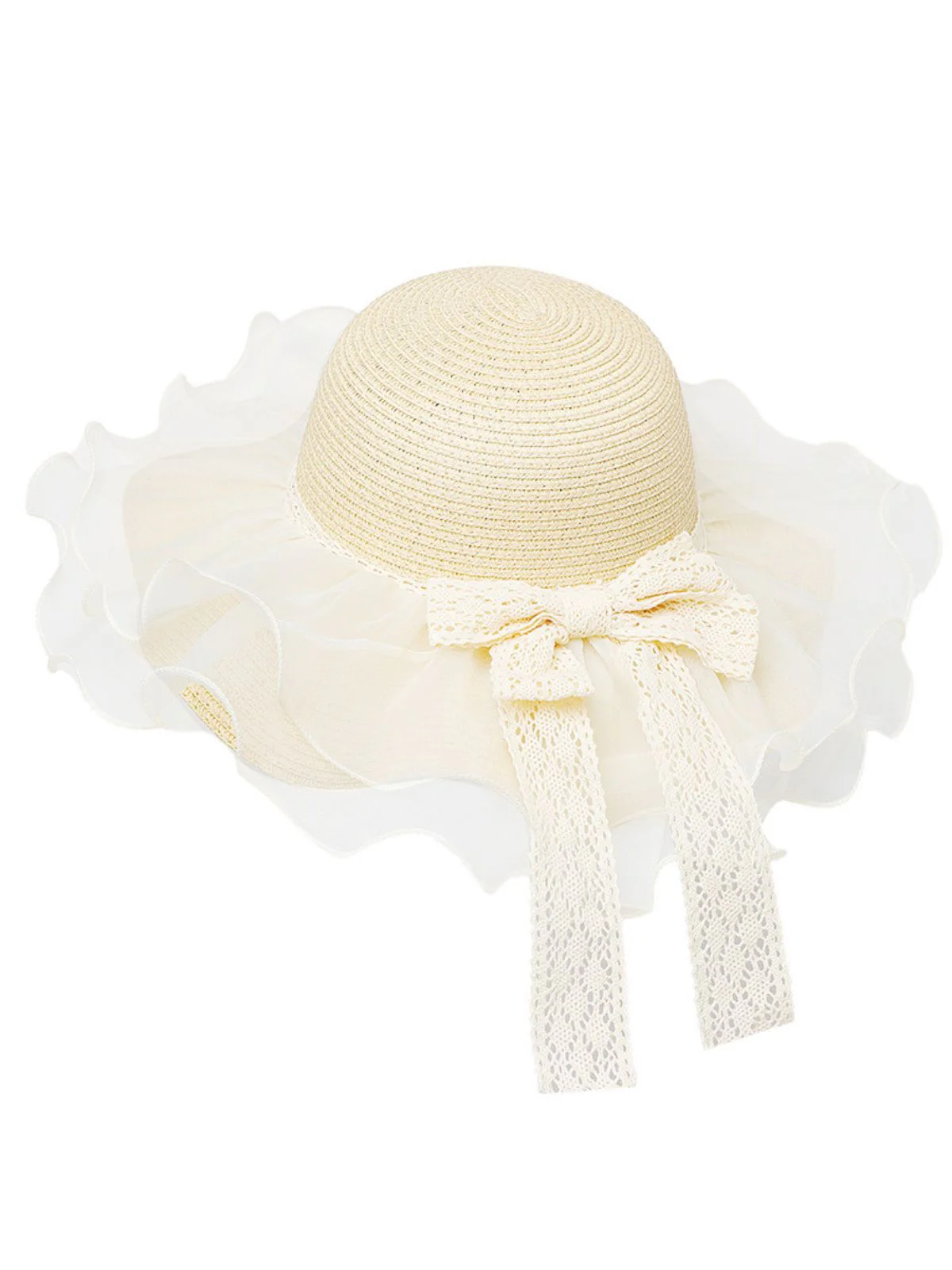 Vintage Lace Bow Sheer Ruffle Brim Sun Hat - Image 2