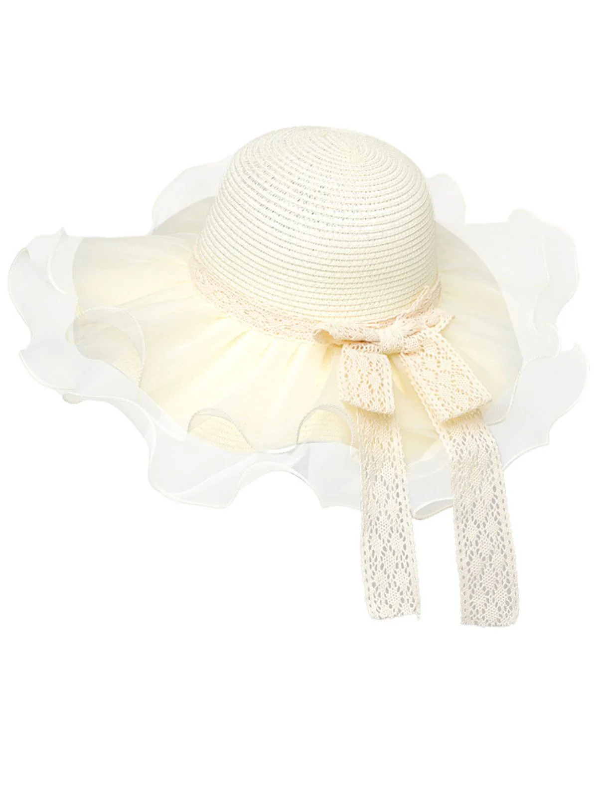 Vintage Lace Bow Sheer Ruffle Brim Sun Hat - Image 4