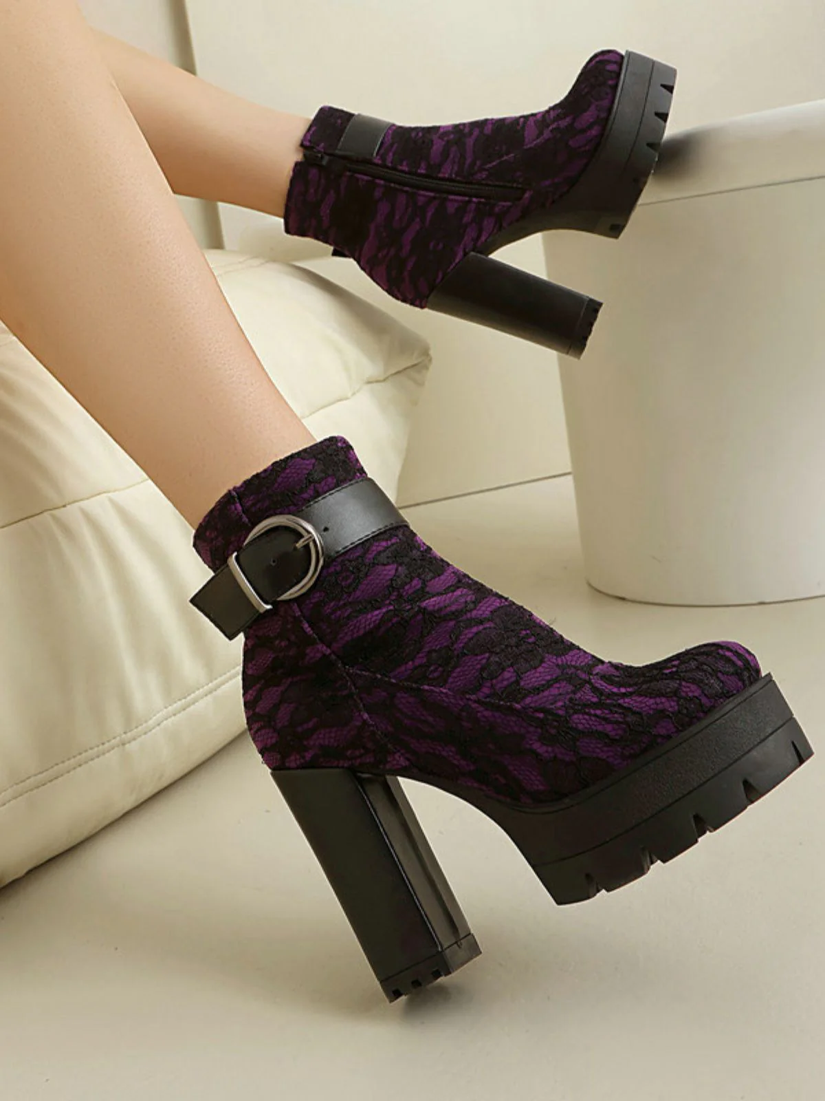 Vintage Lace Chunky Heel Platform Ankle Boots - Image 12