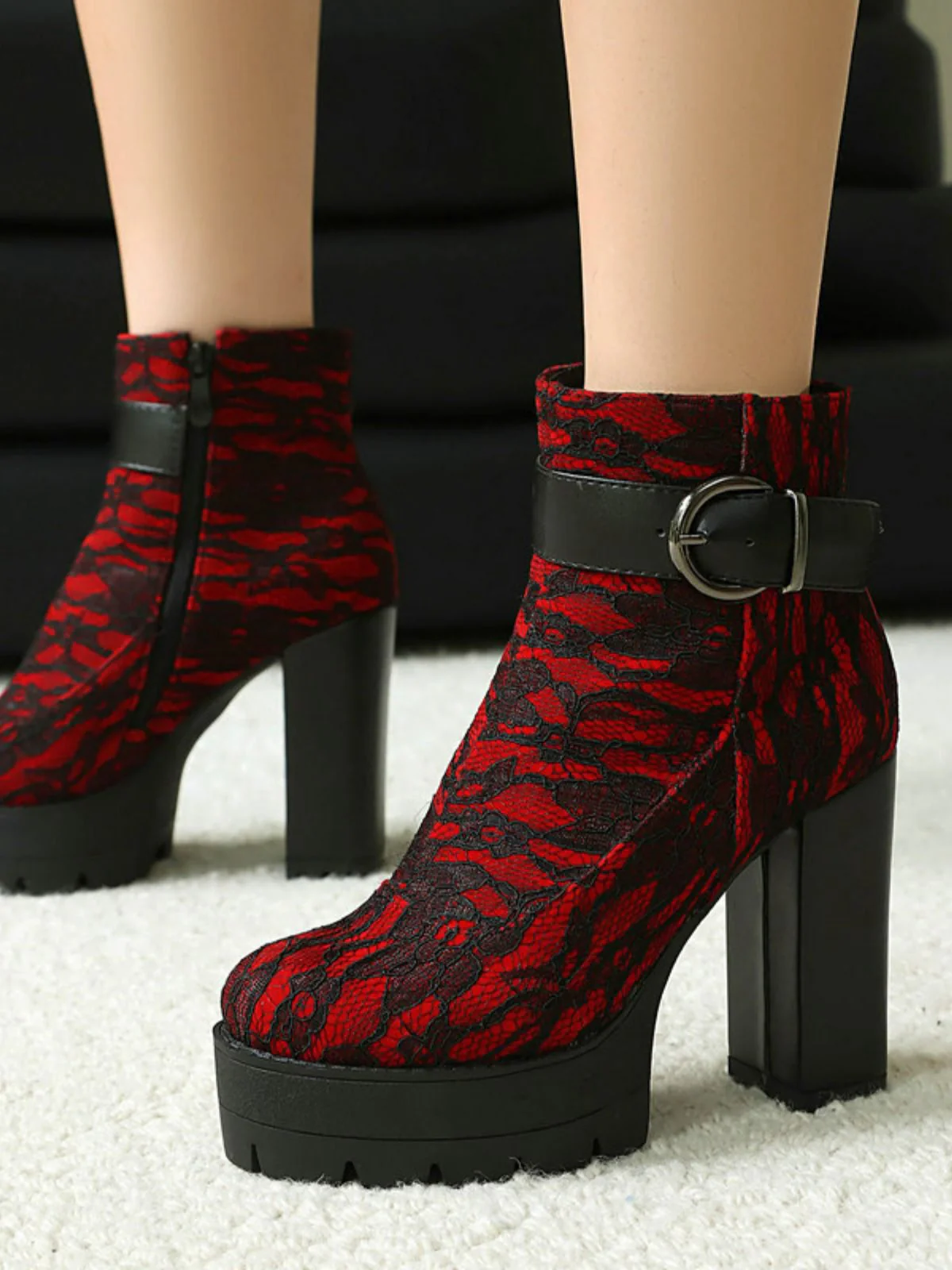 Vintage Lace Chunky Heel Platform Ankle Boots - Image 7