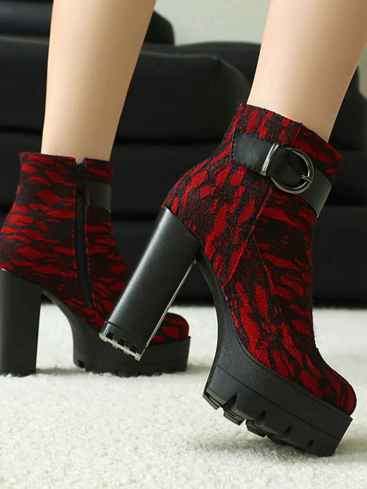 Vintage Lace Chunky Heel Platform Ankle Boots - Image 8