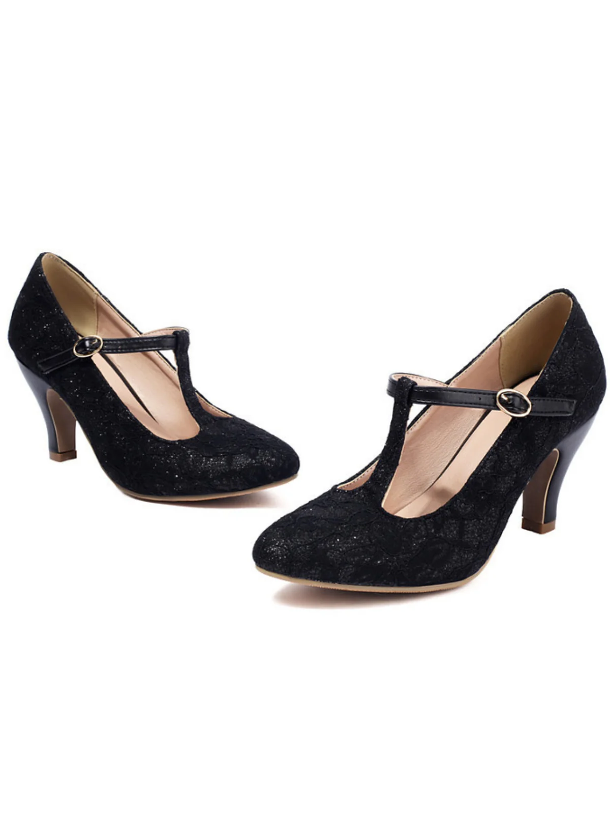 Vintage Lace Patchwork T-Strap Buckle High Heels - Image 3