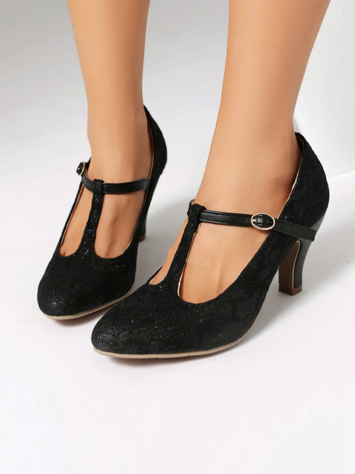 Vintage Lace Patchwork T-Strap Buckle High Heels - Image 4