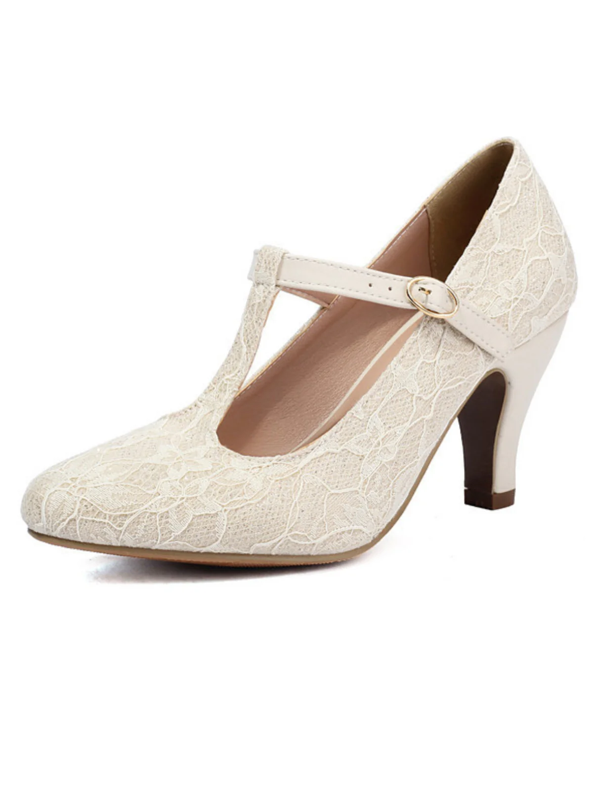 Vintage Lace Patchwork T-Strap Buckle High Heels - Image 6
