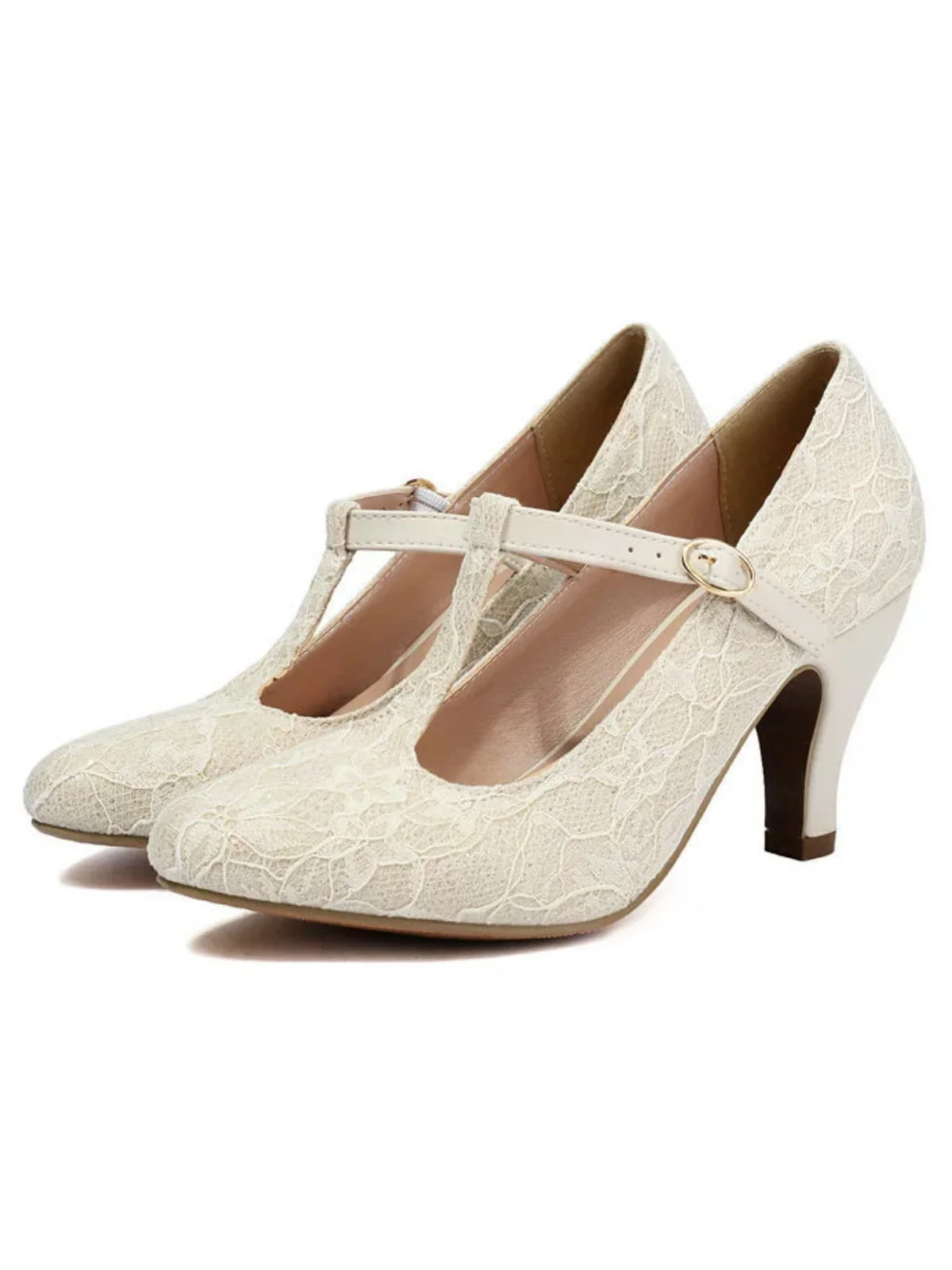 Vintage Lace Patchwork T-Strap Buckle High Heels - Image 9