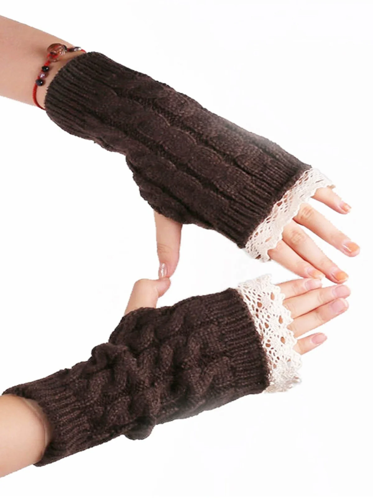 Vintage Lace Patchwork Twisted Knit Fingerless Gloves - Image 4