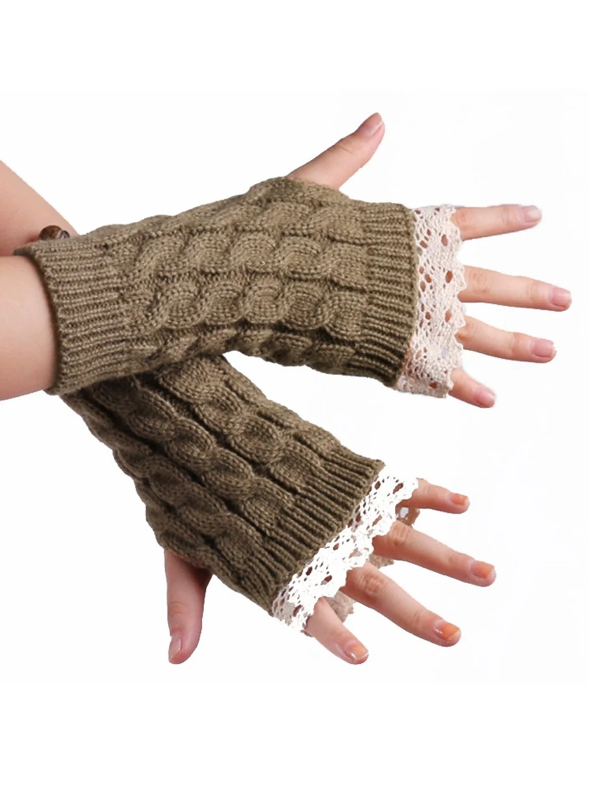 Vintage Lace Patchwork Twisted Knit Fingerless Gloves - Image 6