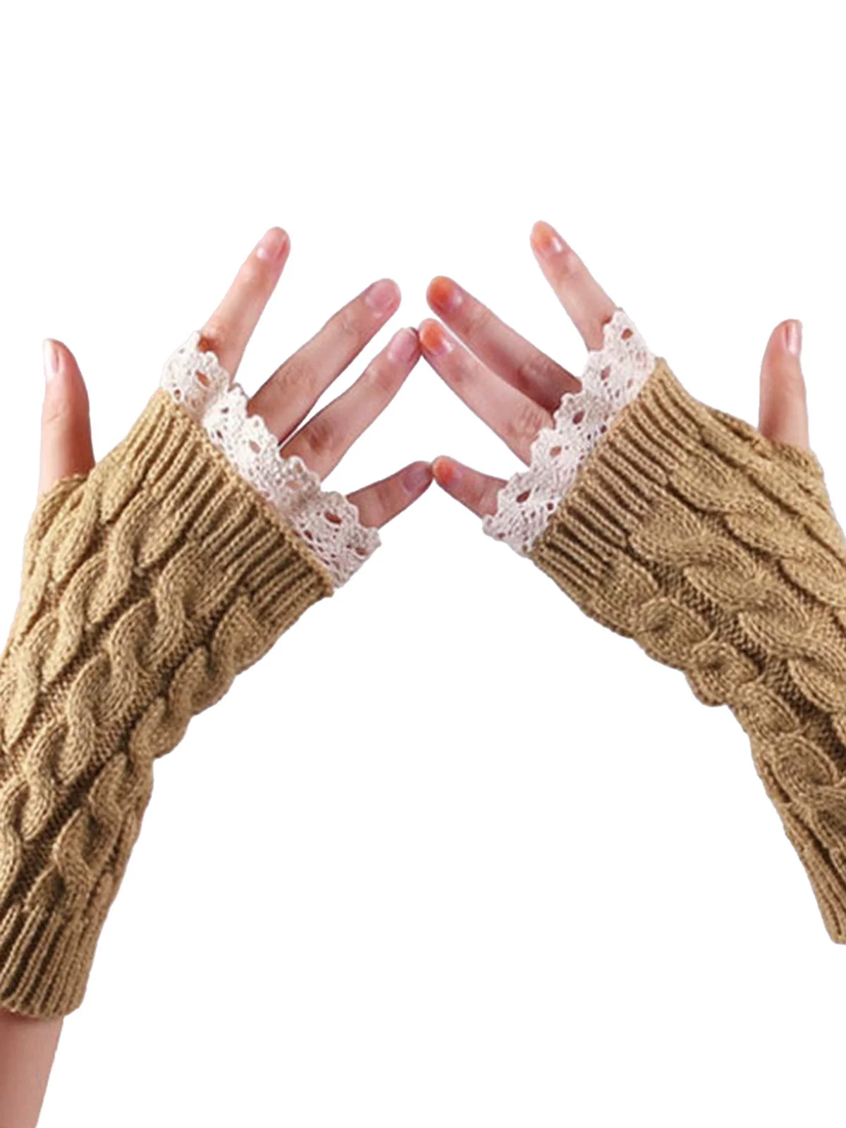 Vintage Lace Patchwork Twisted Knit Fingerless Gloves - Image 7