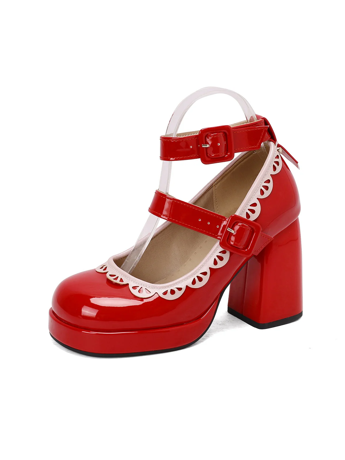 Vintage Lace Patent Leather Chunky Heels - Image 4