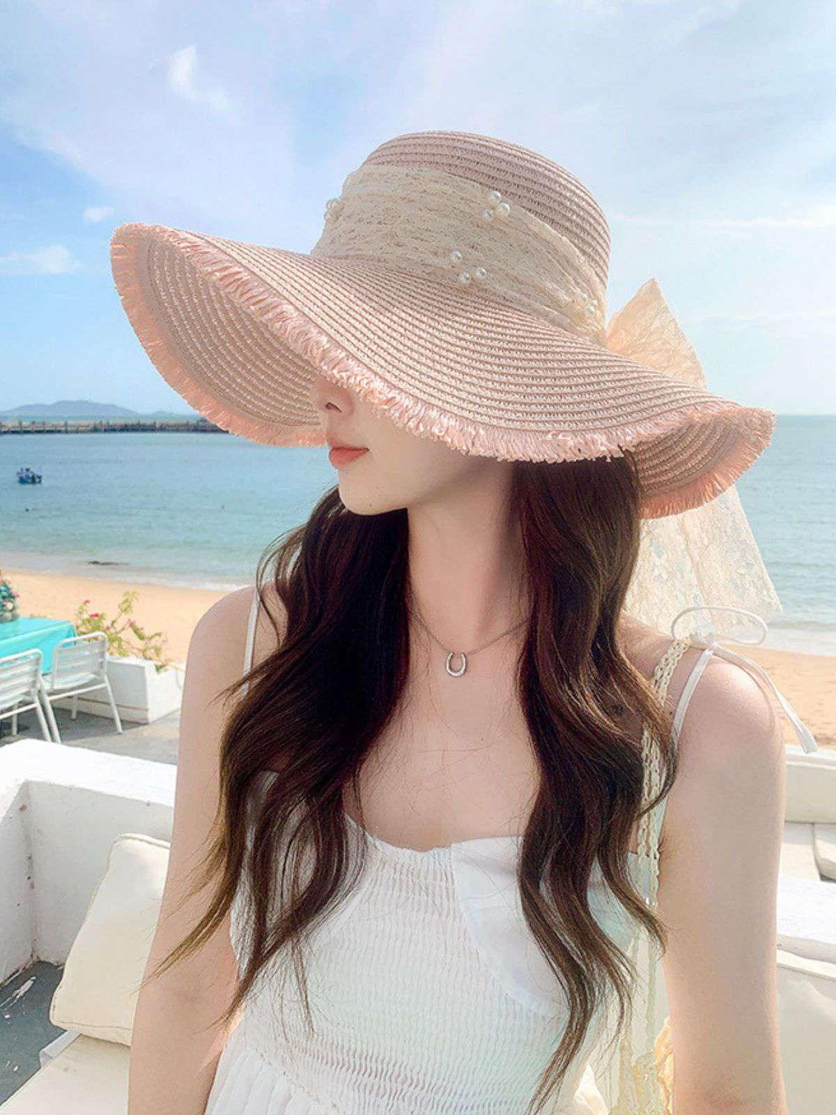 Vintage Lace Ribbon Wide-Brim Sun Hat - Image 2